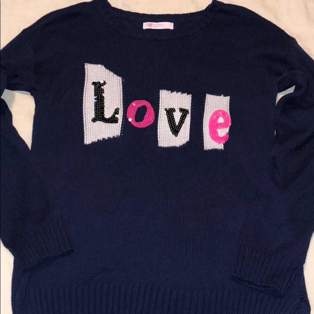 EUC I ❤️ Pinc “love” sweater with sequins, Large